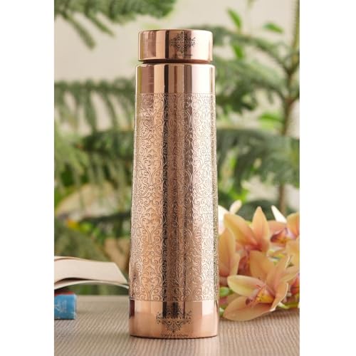 Image of INDIAN ART VILLA Copper Drinkware Pyramid Shape Embossed Design Copper Bottle, 800 ML, Printed Shine Brown