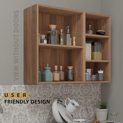 Image of VIKI Furniture Modular Kitchen Wall Cabinet with Acrylic Glass Flip-Up Gas Spring Door, Space Saving Spice Rack & Storage Unit, 30 x 120 x 80 cm, Walnut, 1 Year Warranty