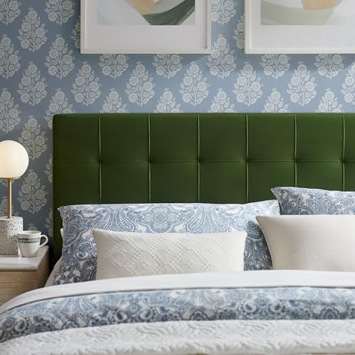 Image of Modway Lily Performance Velvet Queen Size Headboard with Biscuit Tufting in Moss Green - Stain-Resistant Upholstery with Padded Design and 5 Height-Adjustable Mounts