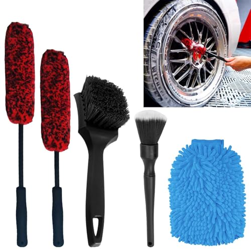 dogmoon Car Wheel Brush Kit, 5PCS Automobile Detailing Wheel Brush Washing ToolKit with Car Cleaner Gloves, Bendable Wheel Cleaning Brush and Microfiber Rim Cleaner Brush for Wheel Care and Cleaning
