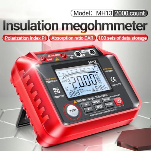 Image of 250V-2500V Digital Insulation Resistance Tester 1MΩ-200GΩ Megger Megohm Testing Meter Auto Range 2000 Counts Multimeter LCD Display 10V~600V AC /DC Voltmeter with 100 Data Storage