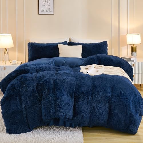 Andency Fluffy Navy Blue Comforter Set Full Size, 3 Pieces Winter Faux Fur Warm Soft Fuzzy Plush Bedding Comforter Set (1 Velvet Comforter & 2 Pillowcases), Thick Heavy Comfy Comforters Bedding Set