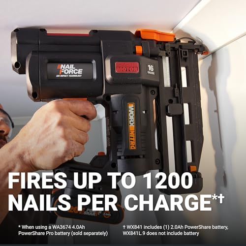 Worx Nitro 20V 16GA Finish Nailer Cordless 70 Nails/Min Sinks Up to 2-1/2", Compact Cordless Nail Gun w/Tool-Free Jam Release, Brushless Nail Gun Battery Powered WX841L.9 – Tool Only by WORX - Image 4