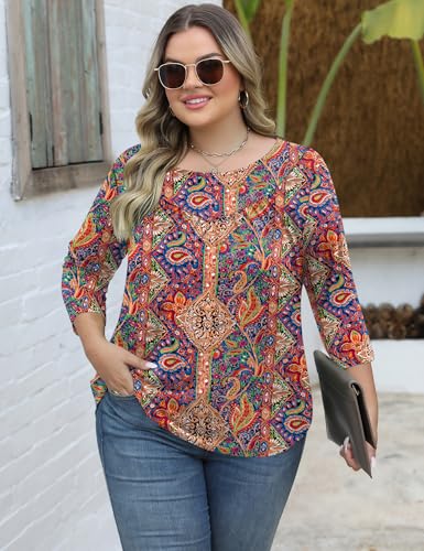 TFSDOD Womens Plus Size Tops 3/4 Length Sleeve Blouses Crew Neck Shirts Casual Loose Tunic Tops 1X-5X2