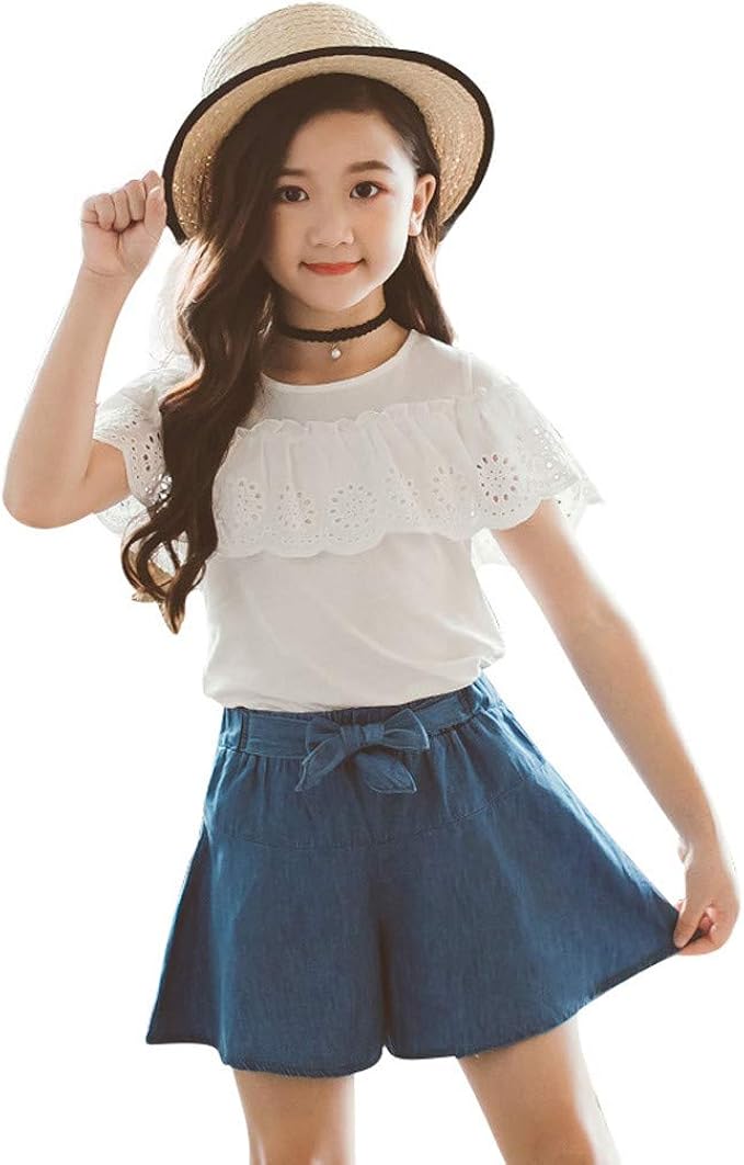 Amazon Co Jp 子供服 セットアップ 女の子 韓国風 可愛い 洋服 二点セット Cousannory 上下セット 無地 フリル Tシャツ ボウ デニム ショートパンツ ガールズ カジュアル 春着 夏物 七五三 通園 通学 普段着 着回し 通学 おしゃれ 夏服 産業 研究開発用品