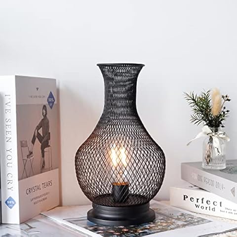 TRIROCKS Metal Battery Operated Lamp 26cm High Vase Shape Mesh Cordless Decorative Lamp with LED Edison Bulb for Living Room Corner Tabletop Indoors(Black) Cover