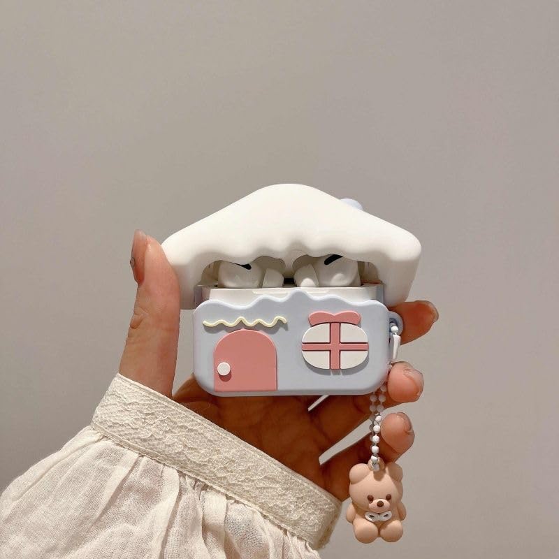 3D House Silicone Case for Apple AirPods Pro 2 with Teddy Bear Keychain, Grey and Pink, Cartoon Theme-image-23
