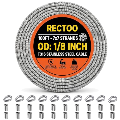 RECTOO 100FT 1/8 T316 Stainless Steel Cable with Cutter 7x7 Strands Aircraft Wire Rope for Deck Railing Stair Handrail Porch Fence High Strength for Indoor and Outdoor Use