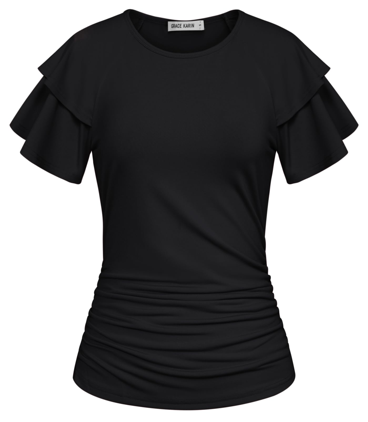 GRACE KARIN Summer Tops for Women Dressy Casual, Ruffle Short Sleeve Work Shirt, 2026 Spring Blouses Black Large