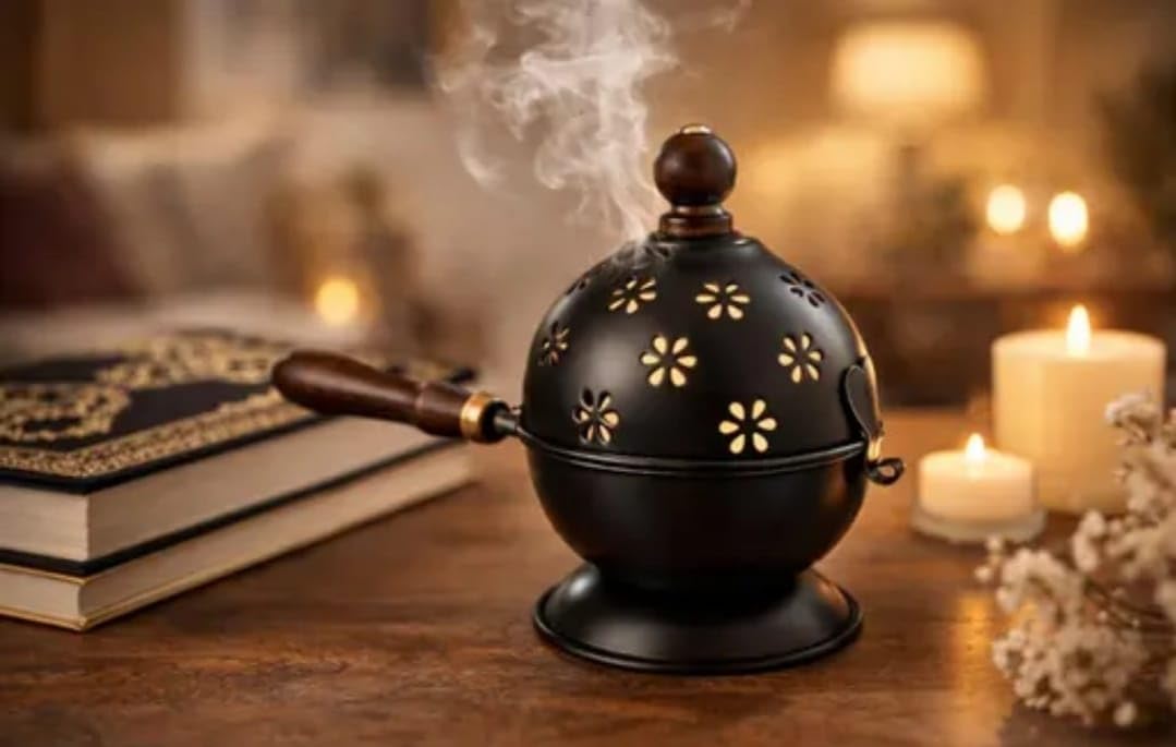 Iron Dhoop Dani Incense Burner, Black with Brown Wooden Handle