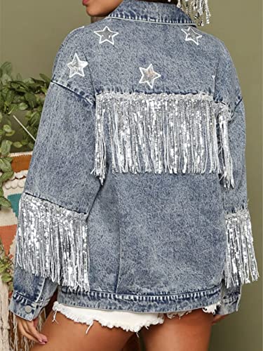 Joiemont Womens Star Sequin Fringe Denim Jacket Long Sleeve Fringe Jean Jacket Coats(0296-Blue-M) #TOP1