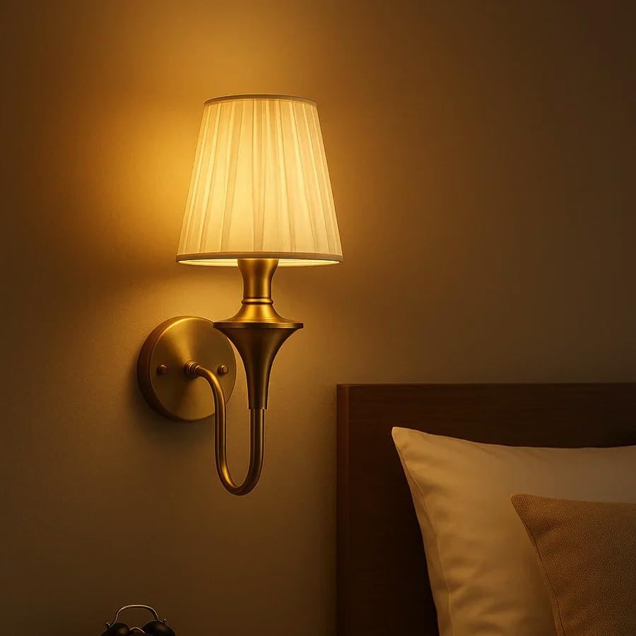 Image of Groeien Pack of 2 | Fabric Shade Contemporary Brass Finish Wall Lamp for Bedroom, Livingroom, Indoor(Bulb is Included) (Fabric-White Shade, 2)
