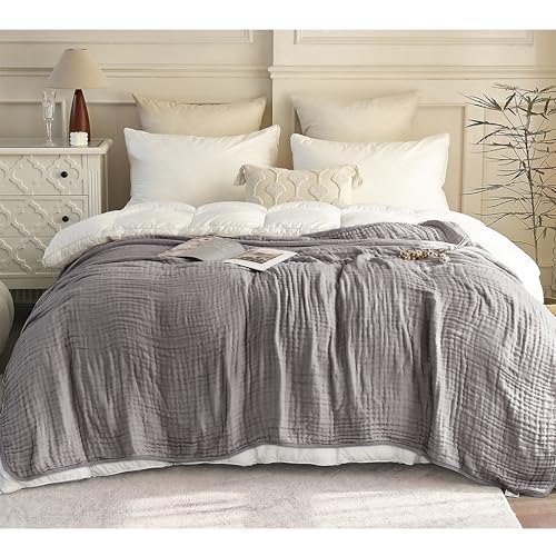 Image of SANACYNA Muslin Blankets 100% Cotton 6-Layer Gauze Gray Grid Bed Blanket Lightweight Soft and Breathable King Blanket for Sofa Couch Bed Coverlet Both Sides (Grey, King 90 inch X 104 inch)