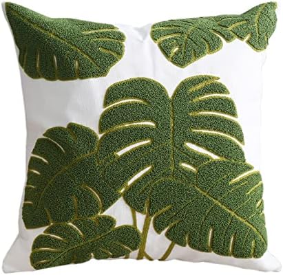 Hodeco Embroidery Throw Pillow Covers 18x18 Inch Green Tropical Monstera Leaves Loop Plant Floor Pillow Cover for Couch 100% Cotton Decorative Cushion Cover Pillow Case 45x45cm, 1 Piece