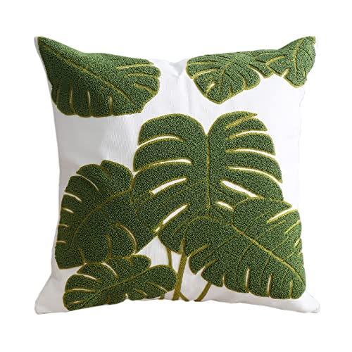 Hodeco Embroidery Throw Pillow Covers 18X18 Inch Green Tropical Monstera Leaves Loop Plant Floor Pillow Cover For Couch 100% Cotton Decorative Cushion Cover Pillow Case 45X45Cm, 1 Piece #TOP3
