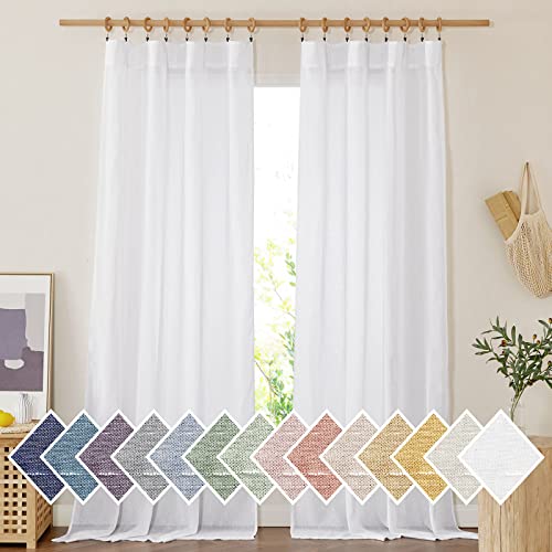 NICETOWN White Linen Sheer Curtains for Living Room, Rod Pocket & Back Tab Privacy Chic Sheer Curtains Window Treatment Semi Sheer Privacy Drapes for