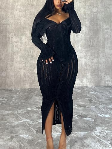 Sexy Button Down Dresses for Women Date Night Off Shoulder See Through Mesh Ruffle Bodycon Maxi Dress3