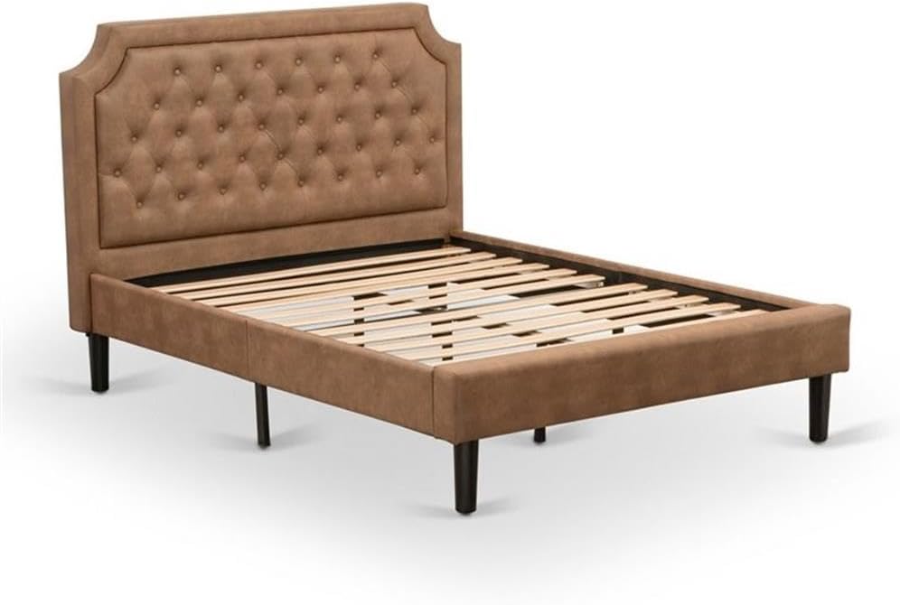 East West Furniture GB28F-1BF08 2-Piece Granbury Full Bedroom Set with Button Tufted Full Bed and an Antique Walnut Night Stand - Brown faux Leather with Brown Texture and Black Legs