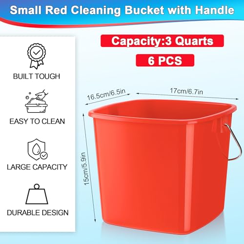 Zhehao 6 Pcs 3 Quart Bucket for Cleaning Small Sanitizer Bucket for Restaurant Square Plastic Pail with Handles for Home, Offices, Commercial Use, Food Service(Red)