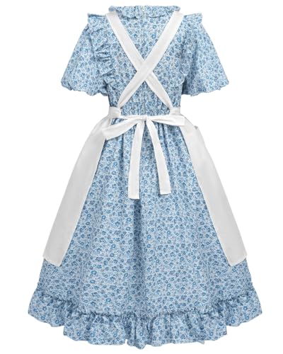 Vestido colonial floral para niñas con delantal y sombrero miniatura 3