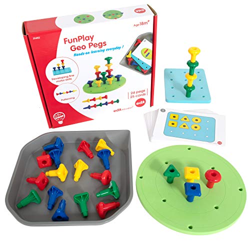 Image of edxeducation FunPlay Geo Pegs - Homeschool Kit for Toddlers - 18m+ - 24 Plastic Pegs + 2 Pegboards + 50 Activities + Messy Tray