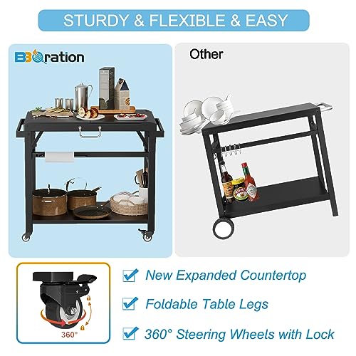 Upgrade Folding Grill Cart, Outdoor Grill Table, Large Space Dining Cart Table Grill Stand for Blackstone Griddle, Ooni Pizza Oven, Ninja Grill etc, Outdoor BBQ Prep Table