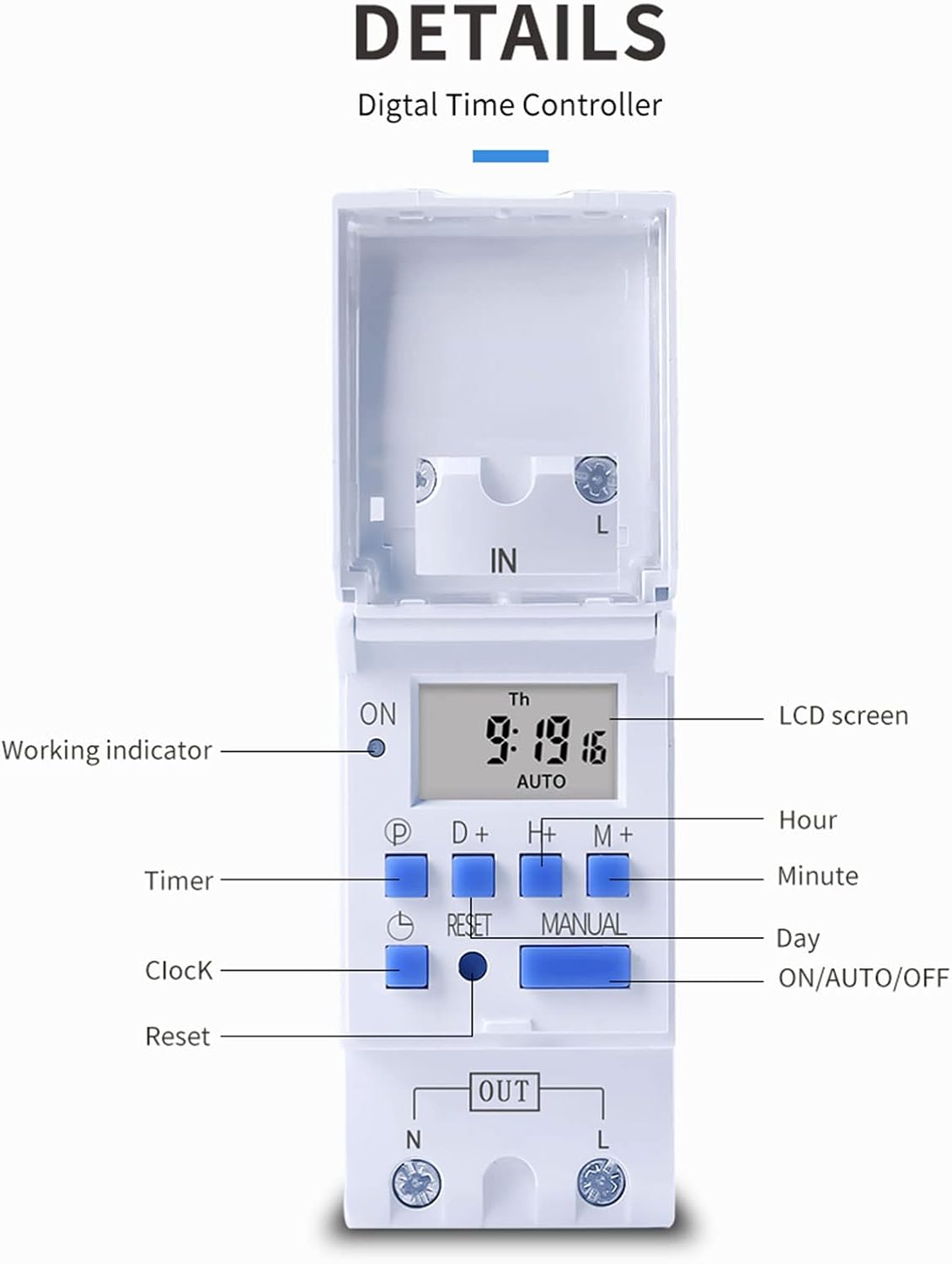 TAXNELE THC30A Digital Timer showing LCD screen, buttons, and working indicator