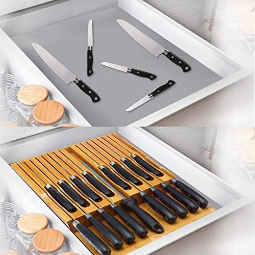 in-Drawer Knife Block,Bamboo Knife Drawer Organizer Insert, Kitchen Knife Drawer Storage for 16 Knives Plus a Slot for Your Knife Sharpener (Without Knives)