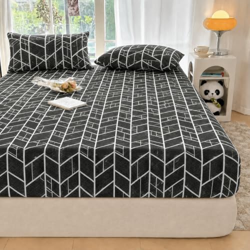 Image of VOMZER Premium 320 TC Fitted Bed Sheet with Full Elastic - Deep Pocket Design - Wrinkle Resistant Fitted Bedsheet Double King 72x78 Black Lines