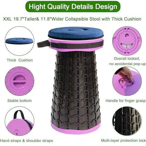 Image of 2026 Upgraded XXL Collapsible Stool with Thick Cushion,19.7 inchH-11.8 inchD Telescoping Folding Stool for Adults, More Sturdy Camping Stools with Load Capacity 1000lbs for Outdoor,Garden,Fishing,Hiking