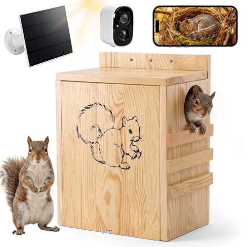 INRLKIT Smart Squirrel House with Camera Solar Powered 2K HD Wildlife Nesting Box for Outside 2.4G Wi-Fi Real-Time APP Notification Weatherproof Wooden Squirrel Box for Backyard Garden