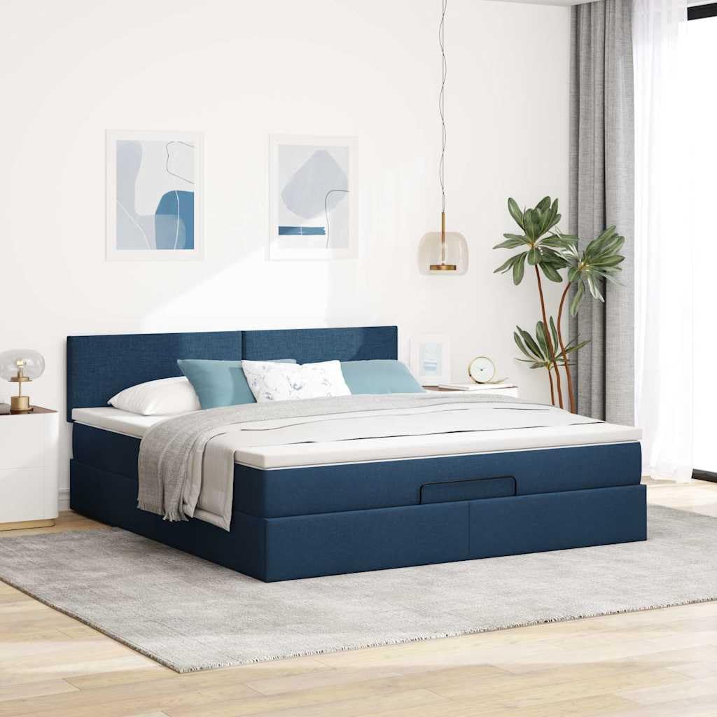 Cama otomana con colchón, 160 x 200 cm, cama de almacenamiento, en color azul, LED, cabecero de invitados, cama de invitados, comodidad para jóvenes y adultos, para dormitorios y habitaciones
