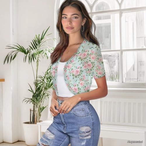 Image of Womens Short Sleeve Cardigans Lightweight Summer Cardigan Trendy Bolero Shrug Cute Floral Cardigan Sheer Bolero