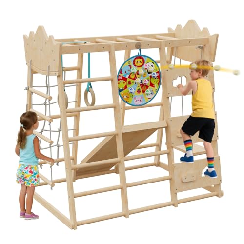 9-in-1 Indoor Jungle Gym, Indoor Playground for Toddlers,Wooden Montessori Climber Playset with Slide, Swing, Monkey Bar, Climbing Rock Climbing Net, Rope Ladder, Climbing Ladder, Rings and Dart Board