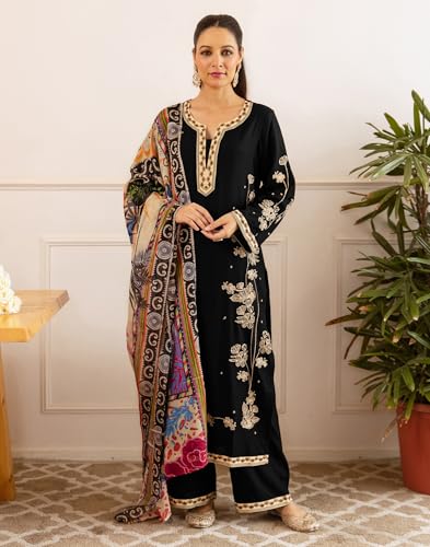 Image of Skylee Women's Rayon Embroidered Straight Kurta with Pant & Dupatta