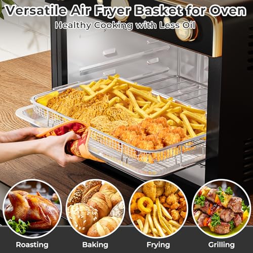 Image of Air Fryer Basket for Oven,THORSES Oven Air Fryer Basket and Tray Set | |with 30 Pcs Parchment Papers| 0.6mm Thicken Stainless Steel |XL Size Air Fryer Pan and Tray for Frying Baking|18.8 inch x 12.8 inch