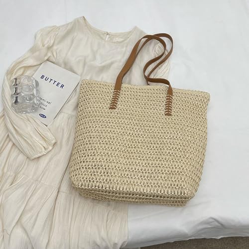 Bolso de playa de paja tejido grande para mujer miniatura 6