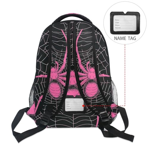 Pink Spider and Spider Web on Black Backpack Laptop Tablet Travel School Bag with Name Tag for Boys Girls Teens 5