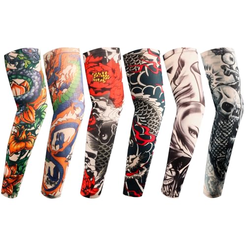 Image of YARIEW Tattoo Sleeves for Men, 6Pcs Fake Tattoos Sleeves to Cover Arms Sun Protection Sleeve Covers for Men and Women (Set 11)
