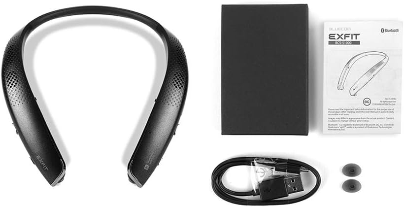 EXFIT FBS-S1000 package contents including headphones, USB cable, and ear tips