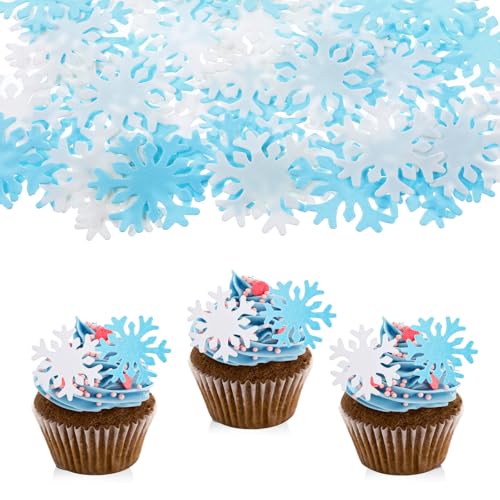 Gjinxi 50PCs Edible Snowflakes Cupcake Toppers Blue&White Snowflakes Frozen Cake Decorations for Christmas Winter Frozen Theme Birthday Party Decorations Supplies