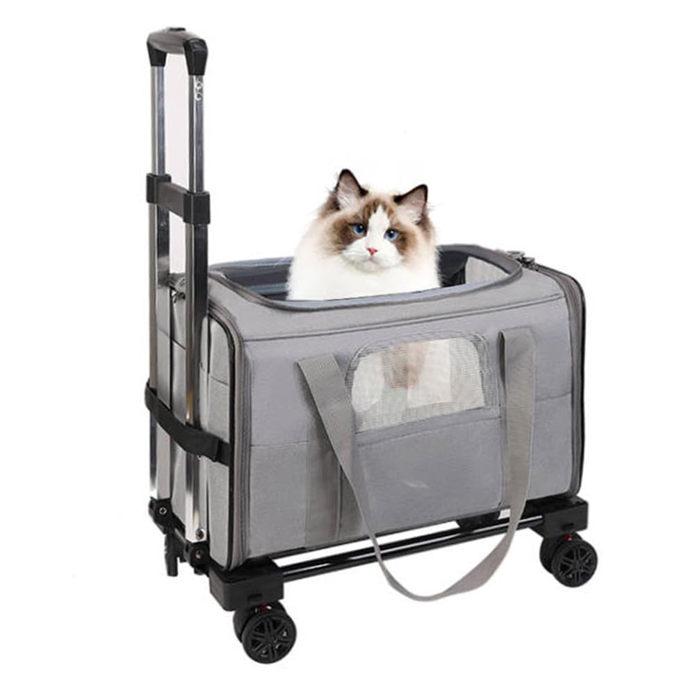 Bolsa con Ruedas para Mascotas, Transportador con Ruedas Desmontable, Transportador de Viaje Portátil con Asa Telescópica, 4 y Correa para el Hombro, Ideal para Perros Pequeños, Gatos, (Gris