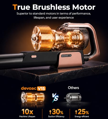 Image of DEVOAC V15 Cordless Vacuum Cleaner, 45Kpa Suction & Brushless Motor Stick Vacuum, Rechargeable Battery with 45mins Runtime, LED Display, 6 in 1 Handheld Vacuum for Home Hard Floor Carpet Pet Hair
