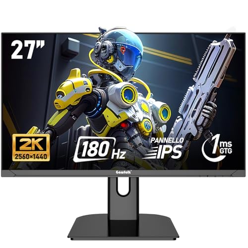 Gawfolk Schermo PC IPS da 27 pollici, 2K WQHD (2560 × 1440), monitor da gioco 180Hz, 1ms senza bordi, 100% sRGB, 178 ° grandangolo, HDMI, DisplayPort, compatibile con 75 * 75mm montaggio a parete-Nero