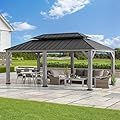 SUNJOY 12 x 20 ft. Wood Gazebo Outdoor Patio Standard Steel Hardtop Gazebo Cedar Framed Wooden Gazebo with 2-tier Metal Roof, Suitable for Patios, Lawn and Backyard, Matte Black Roof + Gray Wood Frame