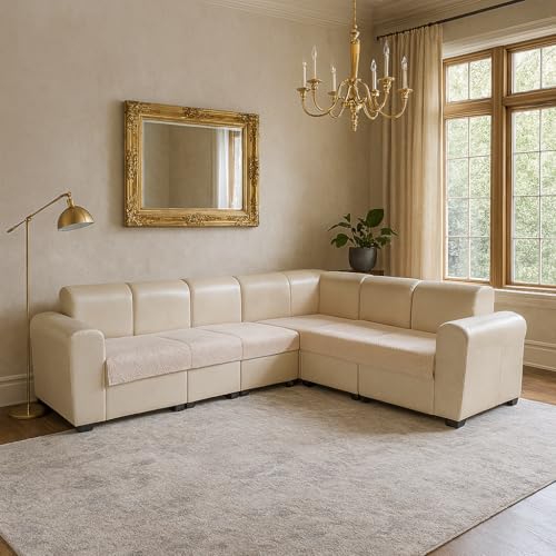 GOLDENIZ Velvet Quilted L-Shape 5 Seater (3+2) Universal Sofa Protector – Premium Non-Slip Fit, Machine Washable Couch Mat for L-Shaped Sofa Set in Living Room (Cream, 2pc Set – 23x27 & 69x27)