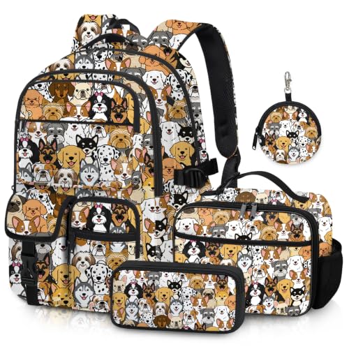 Fihevur Dog Backpack Set for Girls Boys Kids School Backpack with Lunch Box and Pencil Case Coin Purse School Bookbag for Kindergarten Elementary