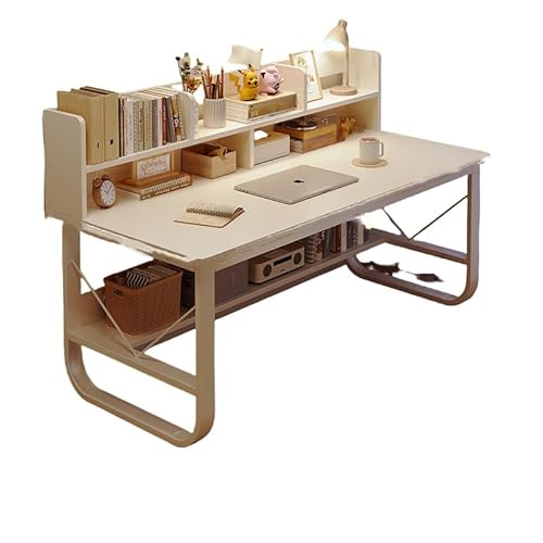 FYDN 学習机 パソコンテーブル ゲームテーブル オフィスデスク 本棚一体型 100/120cm スチールフレーム 広々としたデスクトップ 棚付き 収納ボード 多機能 ホーム収納スペースデスク 組み立て簡単 椅子は付属しません (ホワイト,100cm)