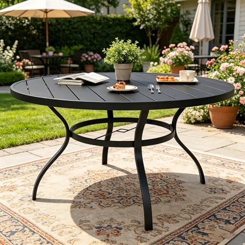 Image of SUNCROWN 53 Inch Round Outdoor Patio Dining Table, All Weather Black Metal Steel Slat Table with 1.5 inch Umbrella Hole, Weather Resistant Outside Furniture for Lawn Garden Backyard Porch