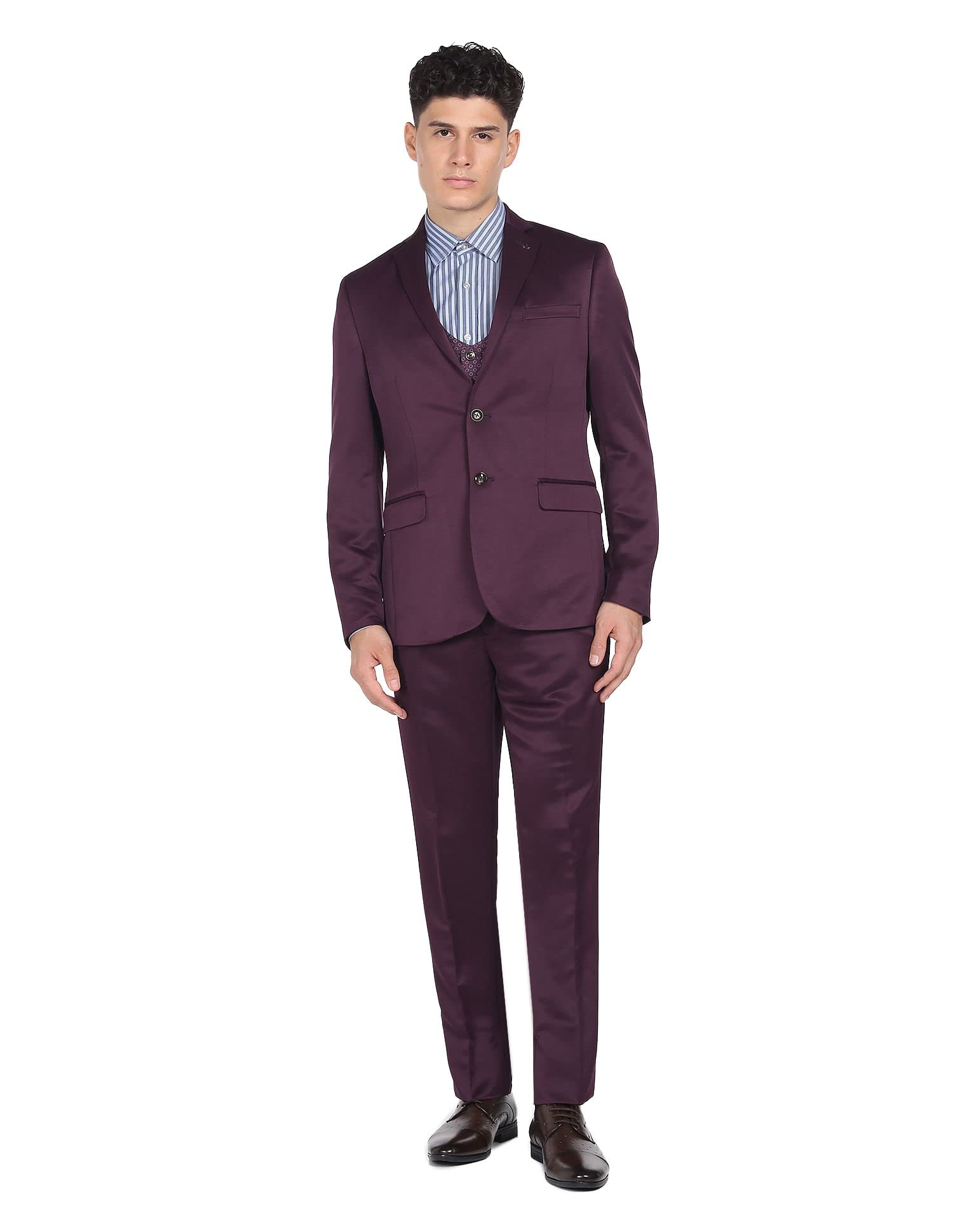 arrow Men Wine Tailored Regular Fit Solid Three Piece Suit-picture-39